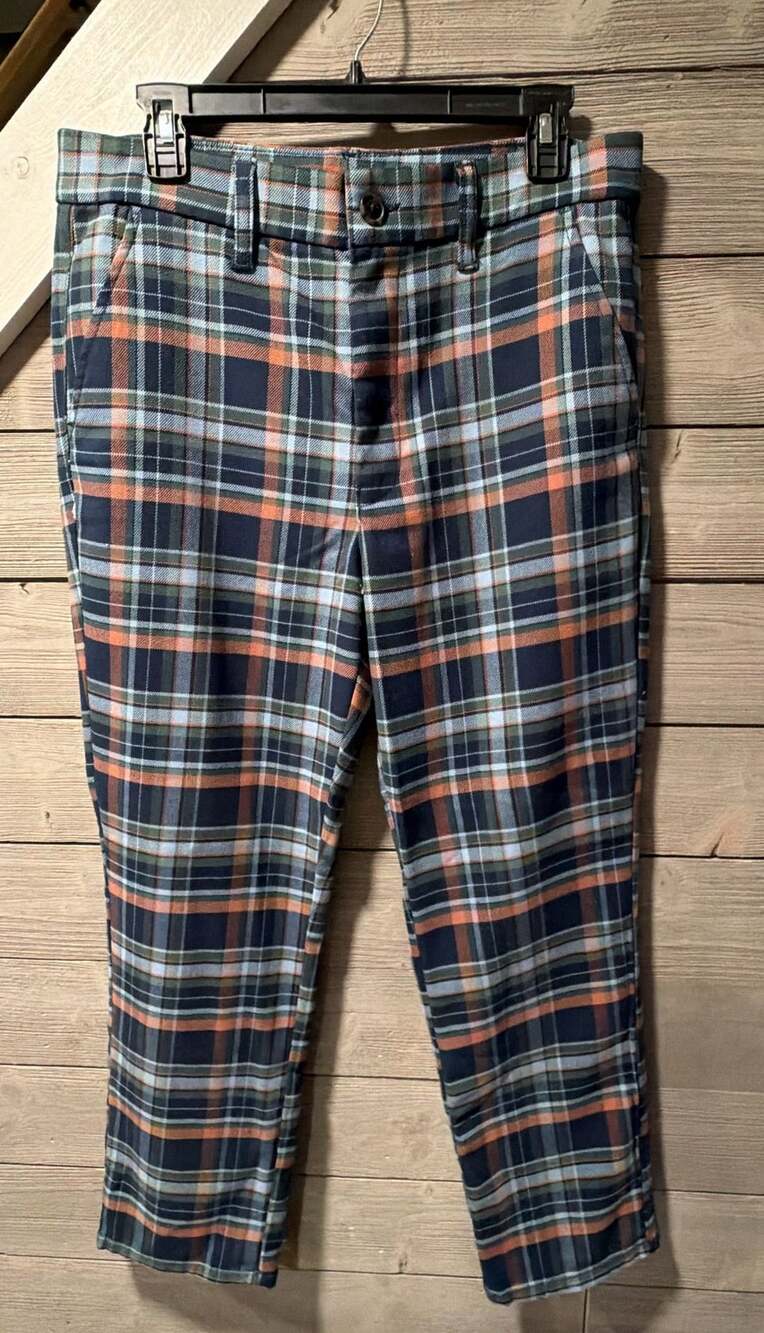 American Eagle Plaid Trouser Pants Size 12 Regular Blue Orange Check Stretch